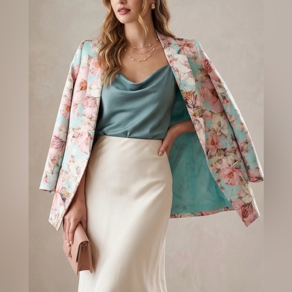 La Plateau Floral Blazer Turquoise Pink Ruched Sleeve Single Button Size 38